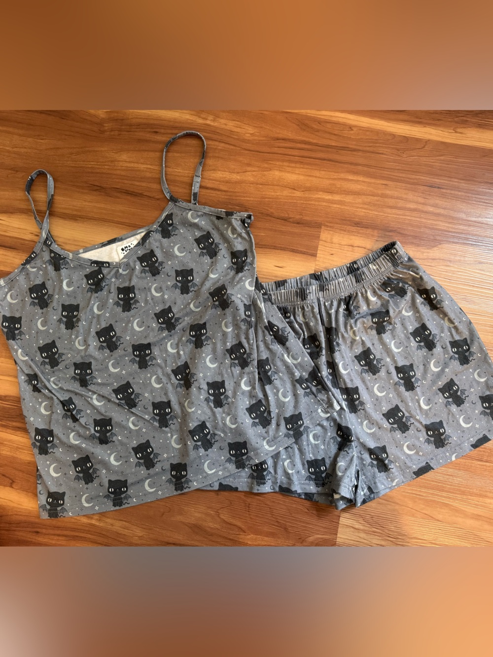 Gray Cat & Moon Print Pajama Cami and Shorts Set
